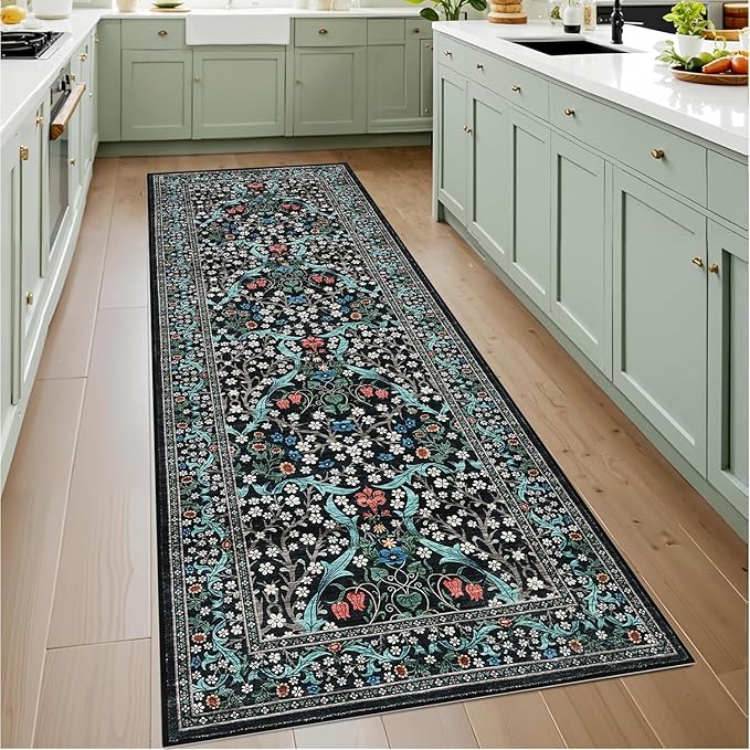 GarveeHome Black Floral 2x6 Washable Kitchen Runner Rug | Vintage Stain Resistant Rugs for Entryway Hallway Bedroom Bathroom Low-Pile Non-Slip Soft Botanical Boho Rug TPE Backing