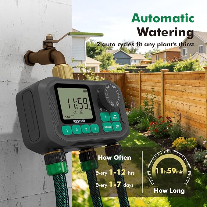 RESTMO Remote Control Brass Sprinkler Timer for Outdoor Hose Faucet 4 Zone, Max 11h59m Programmable Water Timer for Soaker Hose, Misting with Large Dial, Rain Delay/Manual/Automatic Irrigation System