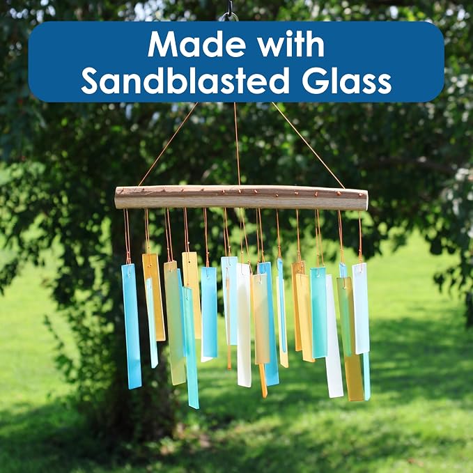 Blue Handworks Caribbean Beach Glass and Driftwood Chime - Sandblasted Glass and Found Wood Hand Crafted Wind Chime | Sandblasted Glass and Found Wood Hand Crafted Wind Chime