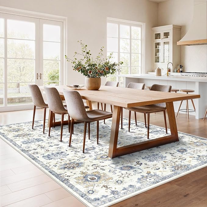 AMADA HOMEFURNISHING 6x9 Area Rugs, Blue Low-Profile Washable Rug with Non-Slip Backing & Durable Edge Binding, Vintage Rugs for Living Room, Bedroom, Dining Room