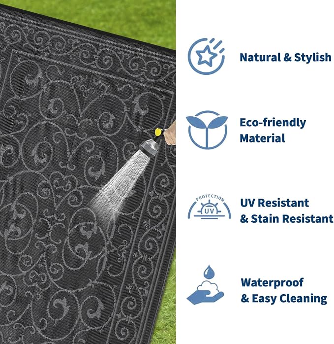 Garvee Outdoor Rug 9x18 Outdoor Patio Rug Reversible Plastic Straw Rugs Waterproof Foldable Mat Easy Clean Lightweight Carpet for Backyard Camping Porch RV Beach Balcony Deck Picnic Vintage Black