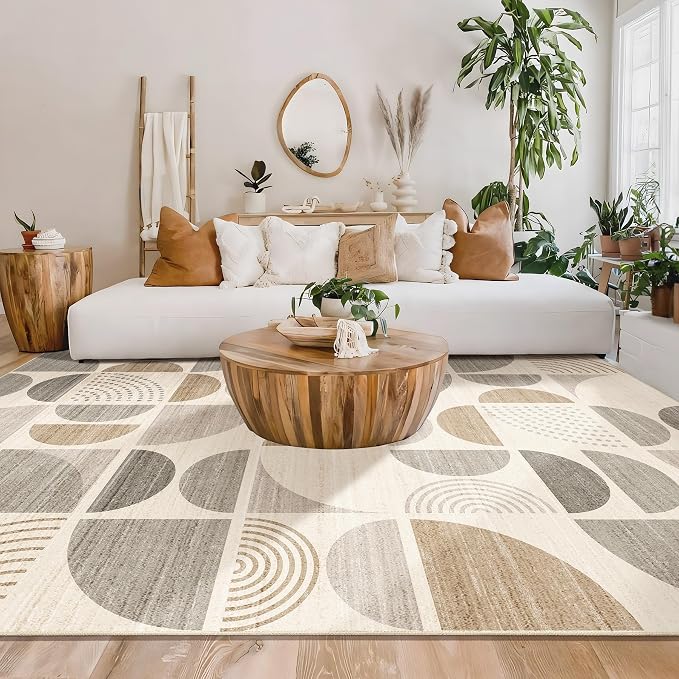 9x12 Area Rugs,Boho Washable Rugs Non Slip Modern Abstract | Large Throw Carpet for Living Room Bedroom Dining Room Soft Low Pile Floor Indoor Bohemian Neutral Beige