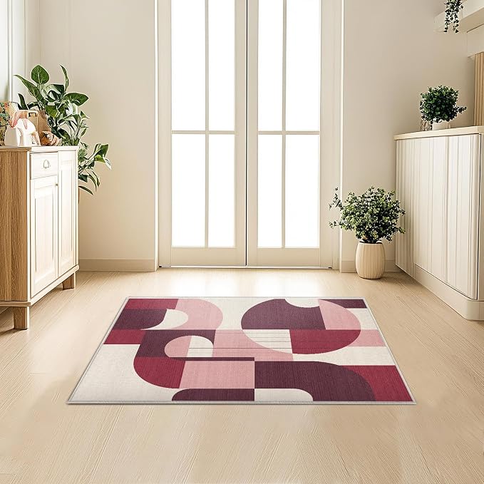 2x3 Burgundy and Pink Geometric Rug for Bathroom Entryway Dark Abstract Modern Area Rug Machine Washable Mat Non-Slip Small Carpet for Bedroom Kitchen Indoor