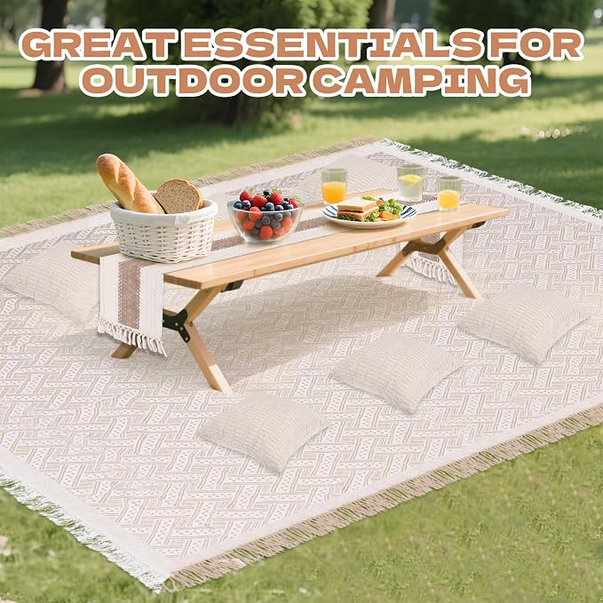 Foxtell 5.9x7.5ft Extra Large Outdoor Boho Picnic Blanket with White Table Runner & 6 Pillow Covers, Machine Washable Picnic Blankets Outdoor Blanket for Summer Picnic Camp Beach Wedding