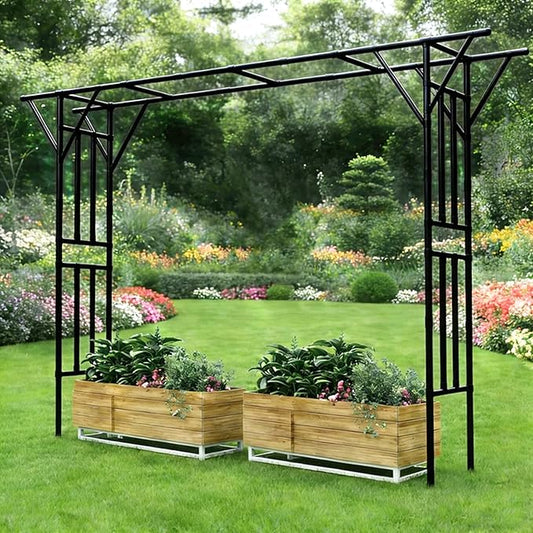Flat Top Garden Arch Trellis Pergola, 11.8 x 9.02 FT Large Metal Arbor for Climbing Plants, Plastic-Coated Galvanized Steel Frame, Outdoor Decorative Arch for Garden, Backyard, Lawn (Black)