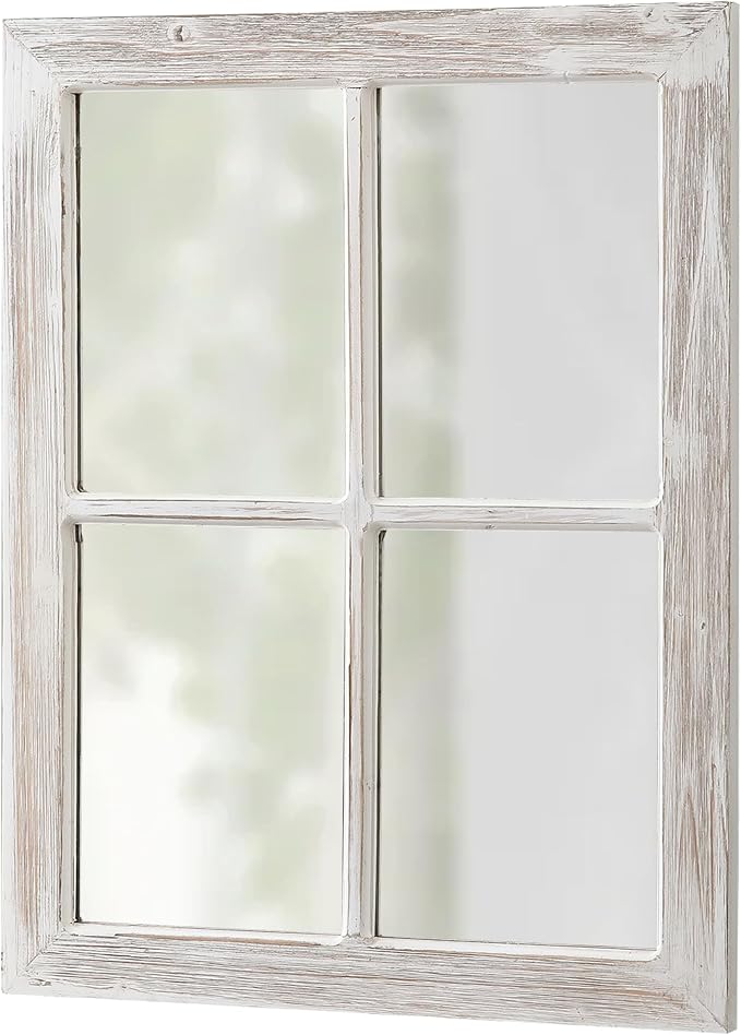 Farmhouse Window Pane Mirror, Washed White, 18 X 23 Inch | Hanging Rectangle Faux Window Mirrors, Handmade Rustic Wood Framed Windowpane Mirror for Kitchen, Horizontal or Vertical