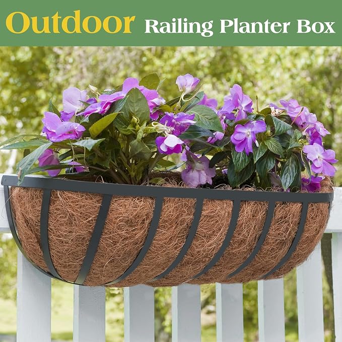 ZeeDix 24 Inch Railing Planter Box, 2 Pack Metal Window Boxes with Coco Liners for Railing, Hanging Flower Boxes for Deck Porch Balcony & Fence Outdoor Indoor Lawn