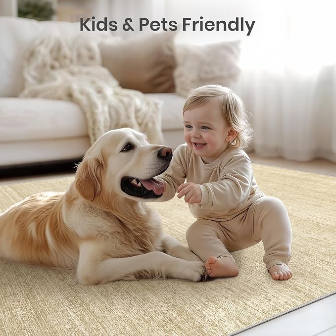 Valenrug 8x10 Area Rugs for Living Room, Large Washable Rug Non Slip, Tan | Soft Low Pile, Thin & Lighweight Carpet, Folable Stain Resistant Modern Indoor Floor Mat for Bedroom, Dining Room, Home Decor