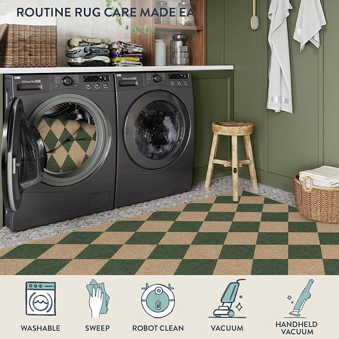 Lahome Colette Checkered Kitchen Runner, 2x8 Easy Jute Runner Rug for Hallway Entryway, Farmhouse Indoor Outdoor Non Slip Non Shedding Green Carpet for Laundry Bedroom Porch Corridor