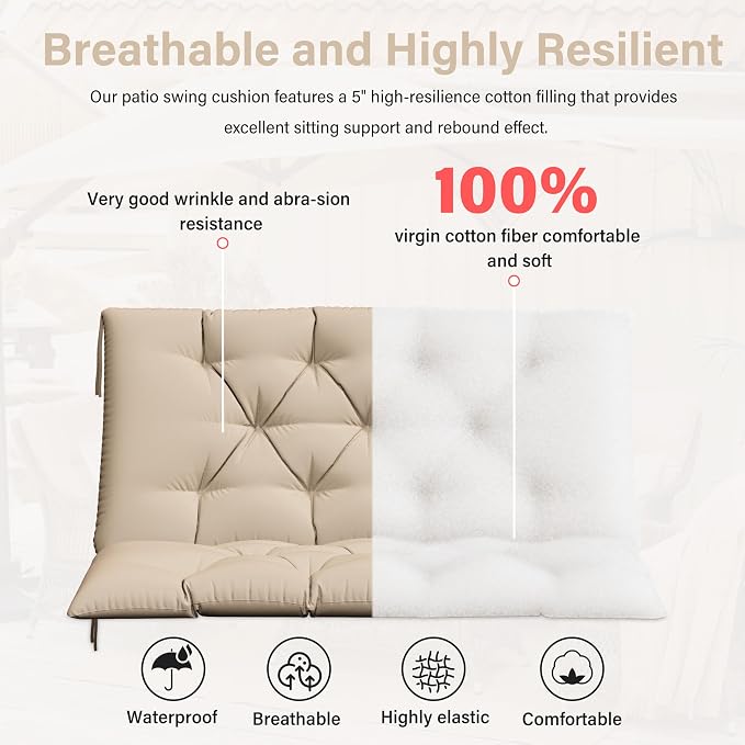 Porch Swing Cushion with Backrest,Waterproof Bench Cushion for Outdoor Furniture,2-3 Seater Replacement Thickened 5 in swing cushion,with Ties,Patio,Outdoor,Backyard and Garden (Sand,40x40 in)