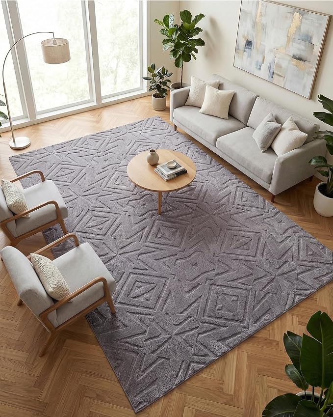 Carvapet 6x9 Area Rug Dark Gray Geometric Soft Plush Washable Carpet | High-low pile texture, luxurious soft plush, skid-resistant backing for living room and dining room floor decor