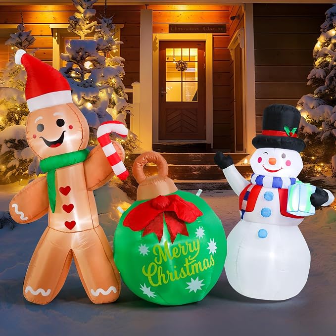 MUMTOP Inflatable Gingerbread Man-Christmas Inflatable Outdoor Decoration - 6.3 FT Gingerbread and Snowman Inflatables with Ball Blow Up Lighted Holiday Displays for Garden Yard Outside Decor