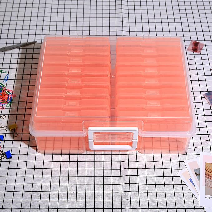 4" x 6" Photo Storage Case with Handle, 16 Inner Photo Organizer Keeper, Extra Large Storage Picture Boxes, Seed Storage, Transparent Craft Keeper (Orange)