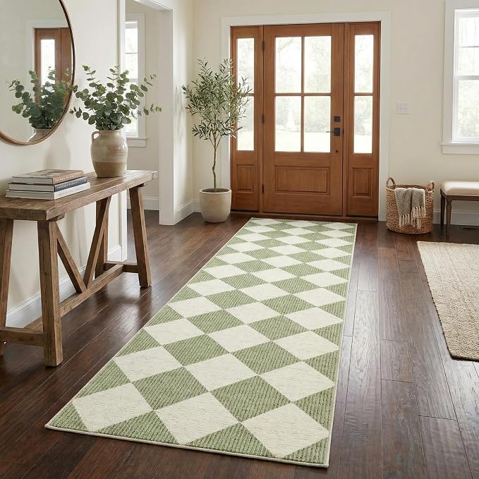 GarveeHome Checkered Hallway Runner Rug 2.5x8 Sage Green Kitchen Rug | Long Non Slip Soft Diamond Print Entryway Rug Thin Laundry Mat Stain Resistant Carpet for Bedroom Bathroom Beside