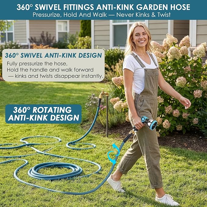 FlexiSolve Garden Hose 100 ft, Non-Expandable Lightweight Water Hose, 360° Swivel Anti-Kink Fittings, 10-Pattern Spray Nozzle & Shut-Off Valve, Flexible Water Hose for Yard, Lawn, Car Wash, Blue