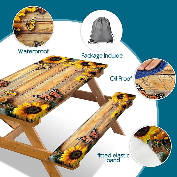 3PCS Picnic Table Cover with Bench Cover, Outdoor Patio Camping Essentials Farmhouse Sunflower Table Covers with Elastic Waterproof Camping Tablecloth with Drawstring Bag, 96In