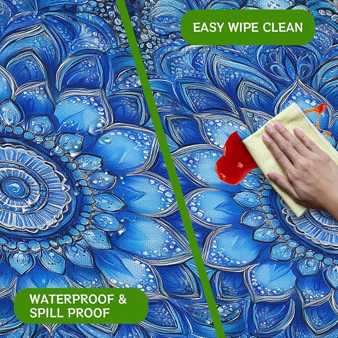 Blue Mandala Picnic Table Cover with Bench Covers and Carrying Bag, Vintage Boho Floral Rectangle Table Cover Outdoor Patio Camping Essentials 72 inch 4PCS Camping Fitted Tablecloth