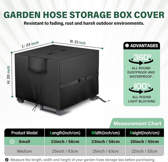 Garden Hose Storage Box Cover – Weather-Resistant Protective Cover for Outdoor Hose & Storage Box, Protects Against Sunlight, Rain, Snow, Sandstorms – Black