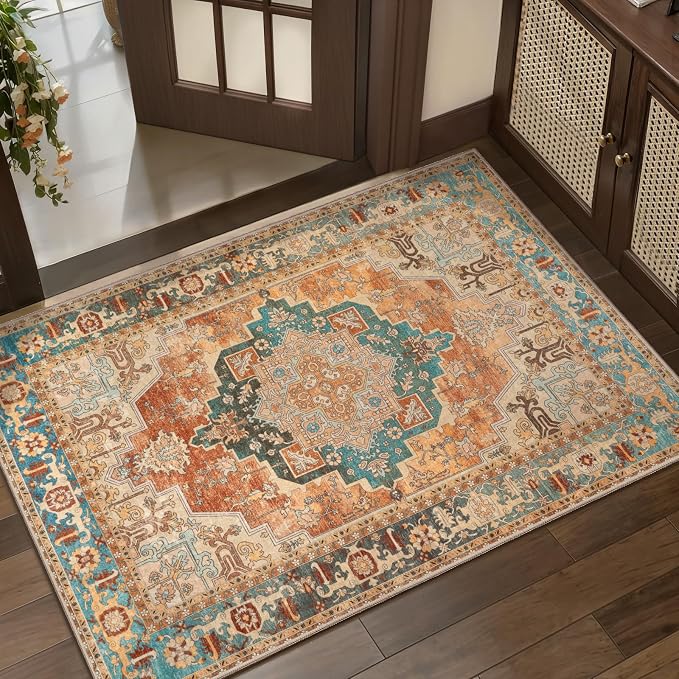 Tangsoo 2x3 Washable Rugs for Entryway, Vintage Non Slip Small Rug Orange | Oriental Indoor Front Door Rug, Boho Soft Low Pile Door Mat Carpet Throw Rugs for Entry Entrance Kitchen Bedroom Home Decor