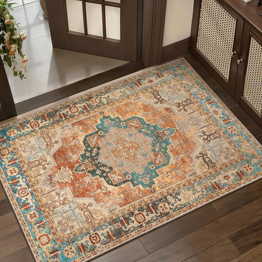 Tangsoo 2x3 Washable Rugs for Entryway, Vintage Non Slip Small Rug Orange | Oriental Indoor Front Door Rug, Boho Soft Low Pile Door Mat Carpet Throw Rugs for Entry Entrance Kitchen Bedroom Home Decor