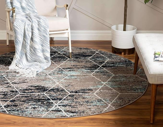 Unique Loom Trellis Frieze Collection Area Rug - Geometric (5' Round, Blue Multi/ Ivory)