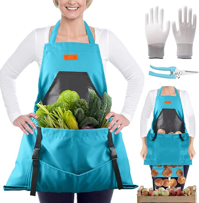 3PCS Gardening Apron, Harvest Apron with Shears and Gloves for Women, Men | Cross-Back, Large Quick Release Pocket, 600D Oxford Fabric, Heavy-Duty Garden Apron for Fruit Picking, Field Work, Harvesting