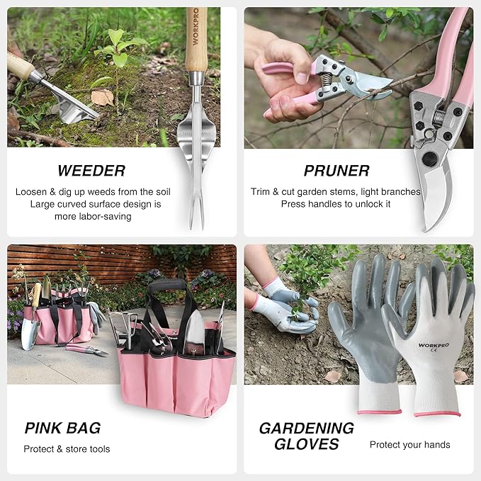 WORKPRO 8-Piece Pink Garden Tool Set, Stainless Steel Gardening Tools with Wood Handle, Including Garden Tote, Gloves, Trowel, Hand Weeder, Cultivator and More, Gardening Gifts for Women - Pink