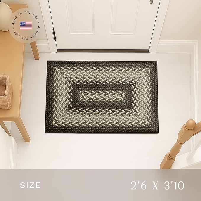 Maples Rugs Marion Bohemian Braided-Style Print Area Rug – Made in USA – Washable, Non-Slip Low-Profile Small Indoor Rug for Entryway & Kitchen, 46" x 30", Black