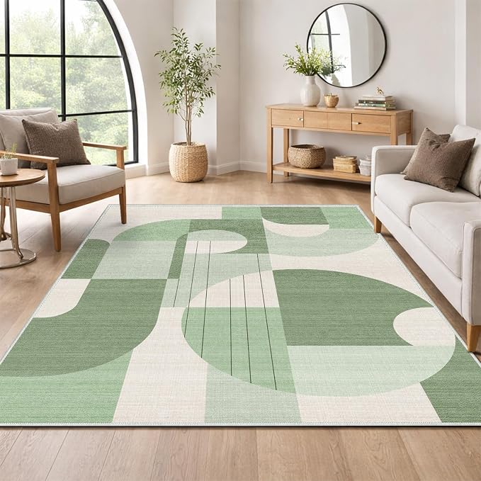 5x7 Green and White Geometric Boho Area Rug for Living Room Bedroom Abstract Large Rug Machine Washable Non-Slip Carpet for Dining Room Office