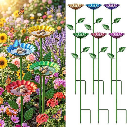 6 Pack Waterer Stations for Bees Butterfly Hummingbird Pollinators Outside Feeders, Flower Shaped Cups for Garden Yard Balcony Planters Decorative, Stand Metal Colorful Bath Pots with Anti-Rust Design
