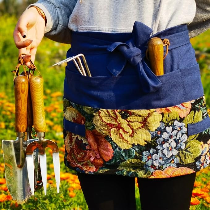 Garden Apron for Woman, Serve Apron Cute, Flora Half Apron with 8 Pockets, Valentines Gift for Mom Wife Girlfriend