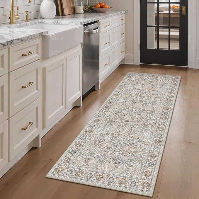 2x7 Kitchen Runner Rug, Washable Non Slip, Beige Grey | Vintage Floral Design, Spill Resistant Lightweight Low Pile Carpet for Hallway, Bedroom, Laundry Room, Bathroom