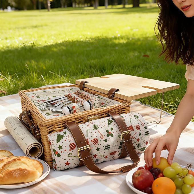 Wicker Picnic Basket Kit Set for 2 Adults with Blanket and Folding Wine Table,Multifunctional Picnic Set Insulated Portable Storage Capacity Full Tablewares,Camping,Outdoor,Wedding Gifts,Beach