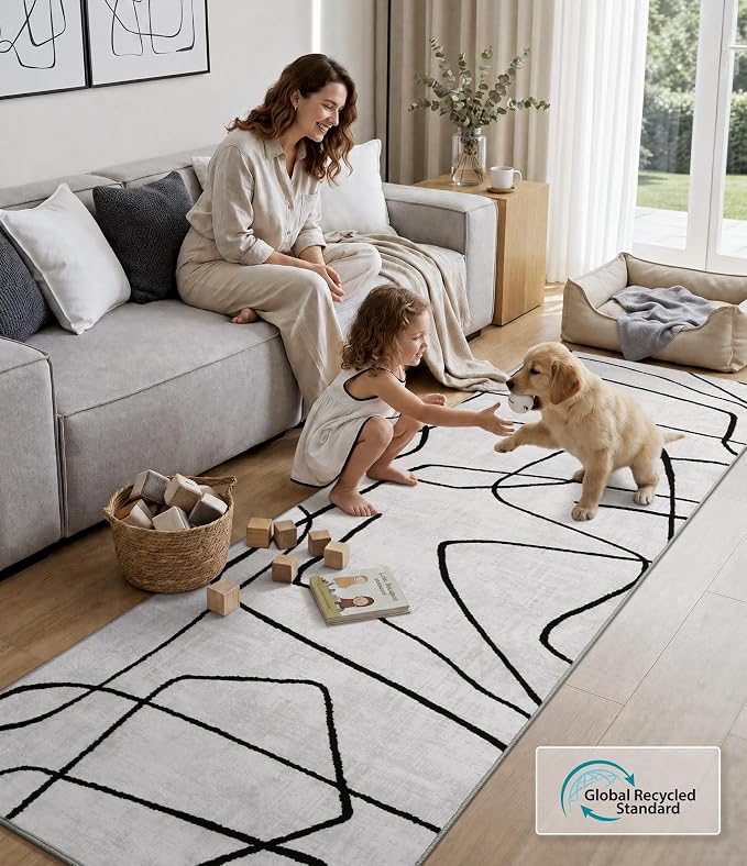 2x6 Washable Modern Black White Kitchen Runner Rug | Ultra-Thin Low Pile, Non-Slip TPE Backing, Soft Stain Resistant, Machine Washable, for Bedroom Livingroom High Traffic