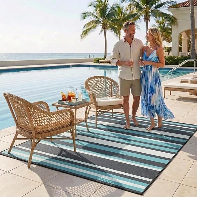 Outdoor Rug Camping Essentials - 4x6 FT Outdoor Plastic Straw Rug for Patio Clearance, Waterproof RV Essentials Outside Area Rug for Deck Garden, Backyard Patio Furniture Set, Dark Grey & Blue
