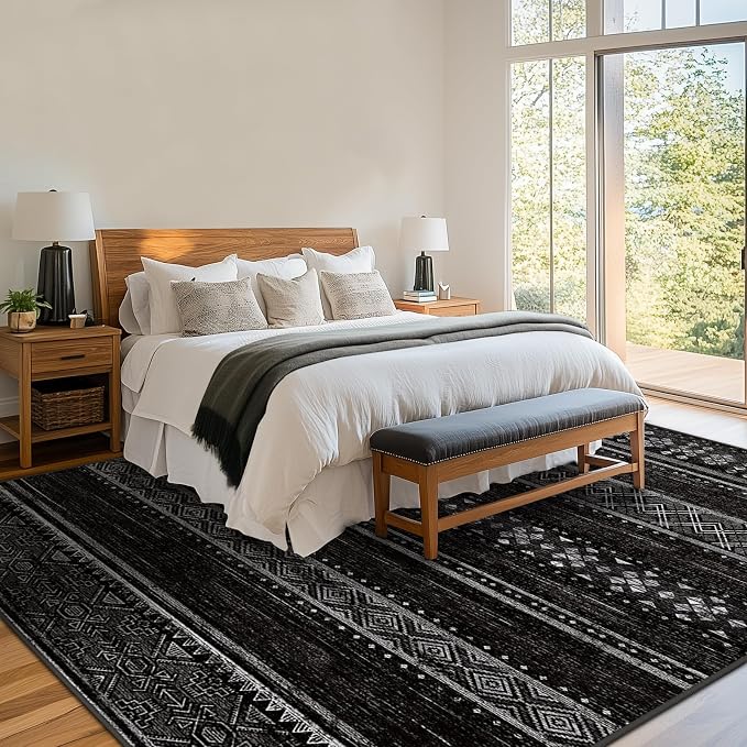 8x10 Washable Area Rugs for Living Room Boho Bedroom Rug Black/White | Vacuum Friendly, Machine Washable, Non-Slip Rug, Stain Resistant, Moroccan Geometric, Low Pile Carpet, Dining Room Kitchen