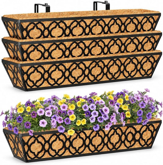 Y&M 4Pcs 30'' Railing Planter Box Set with Coconut Coir Liner, Flower Boxes with Adjustable Brackets, Large Metal Hanging Window Boxes for Fence, Deck, Balcony, and Outdoor Garden