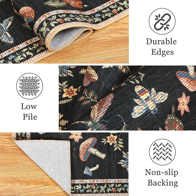 ROYHOME Mushroom Insect 2.5x8 Kitchen Runner Rug for Hallways Black | Entryway Bedroom Bathroom Washable Bug Moth Cute Funky Cottage Core Whimsical Boy Rugs Low-Pile Non-Slip TPE Backing