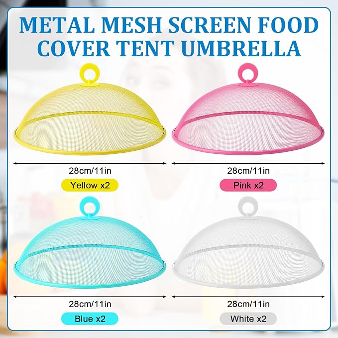 Foaincore 8 Pcs Metal Mesh Food Covers Tent Umbrella 11 Inch Outside Mesh Food Net Tents Dome Screen Plate Covers for Outdoor Picnic Camping Keep out Flies Bugs Mosquitoes(Yellow, White, Pink, Blue)