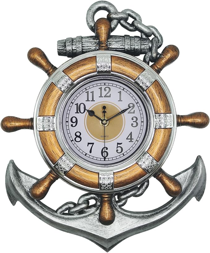 Anchor Clock- Nautical Ship Wheel Rudder Outdoor Wall Clock - Beach Sea Style Decorative Clock for Patio, Bathroom (Retro Silver+Bronze)