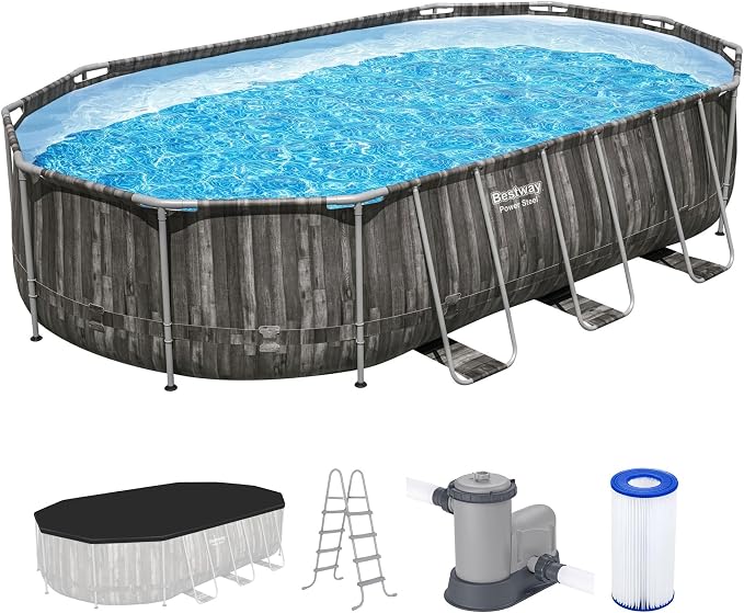Bestway Power Steel 20’ x 12’ x 48” Above Ground Pool, Oval Metal Frame Outdoor Swimming Pool Set with Filter Pump, Ladder, and Cover | Durable Oval Metal Frame Outdoor Backyard Pool - Ladder, Cover, and Type III Filter Cartridge Included, Wood Print