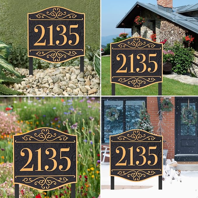 Personalized Lawn Address Sign - Custom Address Plaque,House Number Sign Plaque,House Numbers for Outside Lawn,Ground,Yard,Garden (Green/Copper)