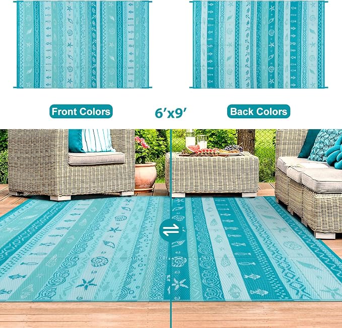 Lahome Outdoor Rug Waterproof, 6x9 Reversible Outdoor Plastic Straw Rug for Camping, RV Patio Rugs Large Carpet for Porch Deck Backyard Balcony Picnic(Blue/Multi,6'x 9')