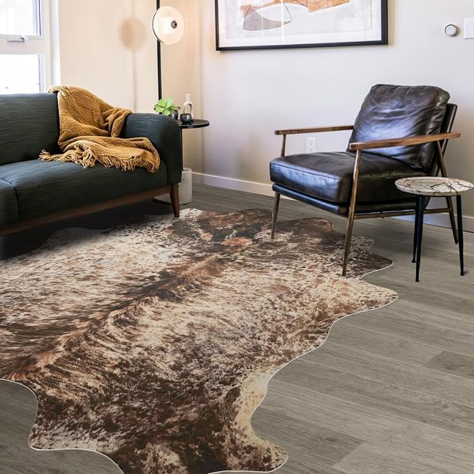 Brown Large Faux Cowhide Rug 8x10ft Washable Cowhide Rug | No-Slip Low Pile Animal Print Western Decor for Living Room Bedroom Kitchen Bathroom-No Fur