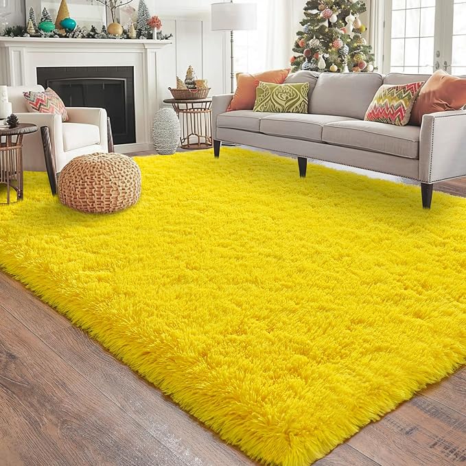 8x10 Large Area Rugs for Living Room, Fluffy Washable Yellow | Upgrade Non-slip, 8 x 10 Big Shag Rug for Bedroom Girls Kids Nursery, Modern Shaggy Furry Carpet for Dorm, Flame Resistant
