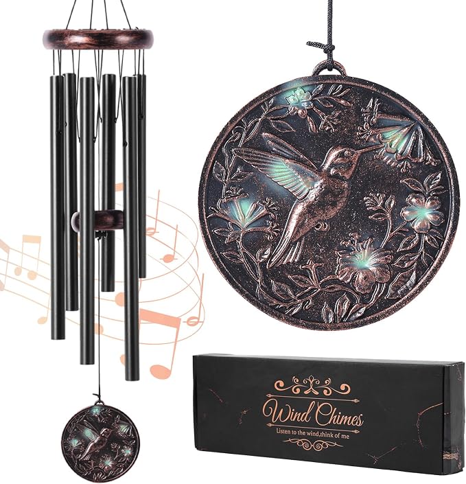 Hummingbird Wind Chimes for Outside – Vintage Hummingbird Deep Tone Wind Chime 3D Resin Embossed Copper Wind Catcher Outdoor Clearance, Outdoor Garden Hanging Decor, Memorial Sympathy Gift
