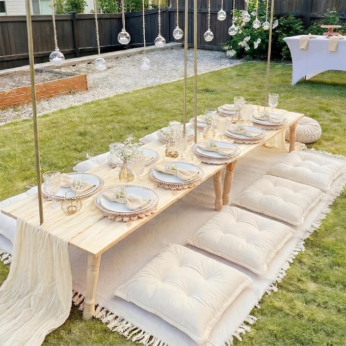 Extra Large Outdoor Picnic Blanket with Table Runner and Floor Pillow Cushion for Picnic Wedding Birthday Baby Shower Backyard Decor(91 x 71'',Light Beige,8 Pcs)