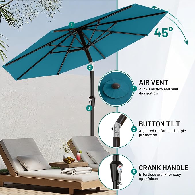 AreShark 9 FT Patio Umbrella for Outdoor, Outdoor Table Umbrella with Push Button Tilt and Crank, Outdoor Patio Umbrellas with 8 Sturdy Ribs for Market, Garden, Pool (Lake Blue)