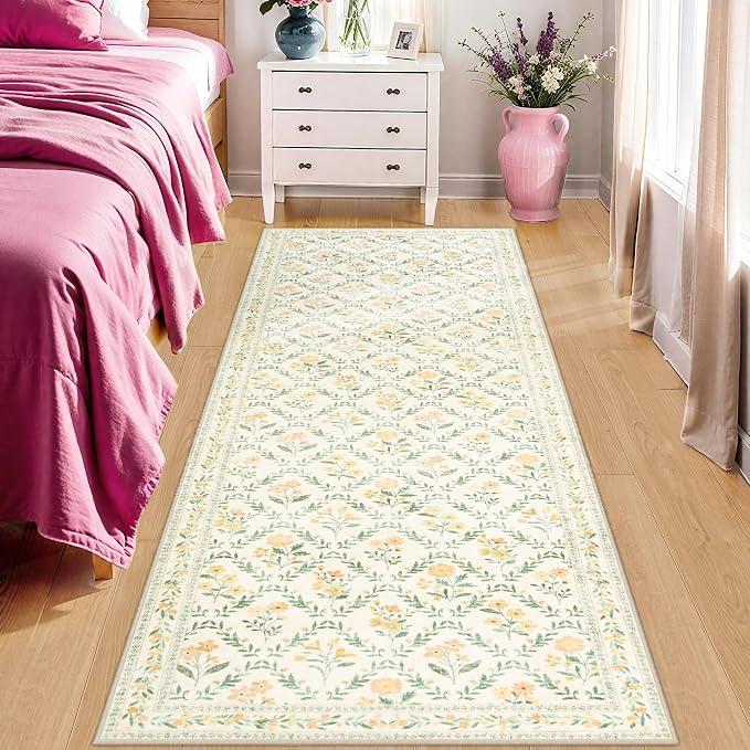 PLHXFR 2.6x8 Washable Runner Rug：Floral Indoor Kitchen Carpet Beige Multi | For Hallway Bedroom Kitchen Laundry Bathroom Dorm,Vintage Floral,Machine washable,Non Slip,Stain Resistant,Indoor Floor