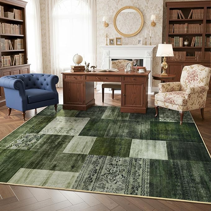 Washable Area Rugs 8x10 for Living Room, Large Modern Geometric Green Soft Patchwork Carpet, Non-Slip Stain Resistant Throw Rug for Bedroom Dining Room Office Home Decor
